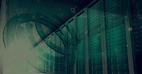 Image of online security padlock and data processing over circuit board and computer servers