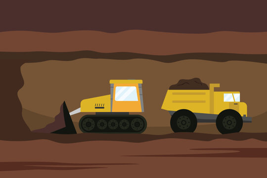 Coal mining - Underground truck and tractor 2d vector illustration concept for banner, website, illustration, landing page, flyer, etc.
