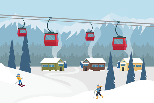 Winter mountain landscape with lodge, ski lift, and people skiing 2d vector illustration concept for banner, website, illustration, landing page, flyer, etc.