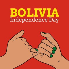 Illustratie van de tekst van de onafhankelijkheidsdag van Bolivia en bijgesneden handen met roze beloften op rode achtergrond