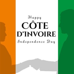 Happy cote divoire independence day text with man and woman shaking hands on national flag