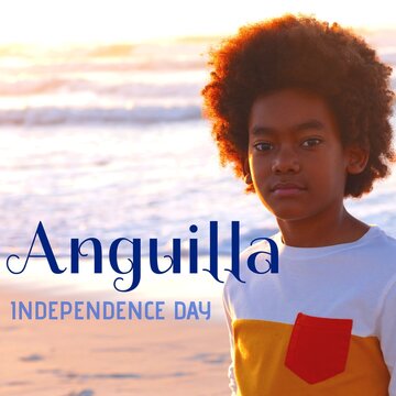 Composite of african american boy with afro hair at beach and anguilla independence day text
