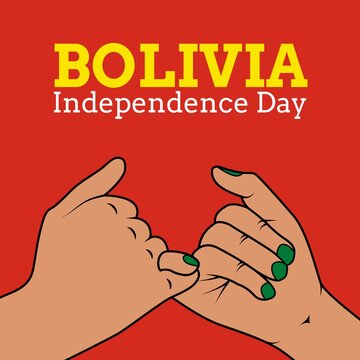 Illustration of bolivia independence day text and cropped hands with pink promises on red background