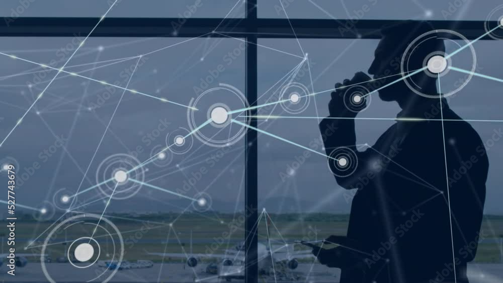 Aufkleber animation of caucasian businessman at airport with network of connections and data processing