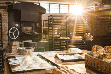 Interior of bakery with back lit emitting from window