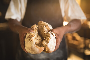 Mid section of african american mid adult male baker breaking bread while standing in bakery