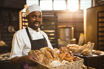 Portrait of african american mid adult male baker holding basket with fresh breads in bakery