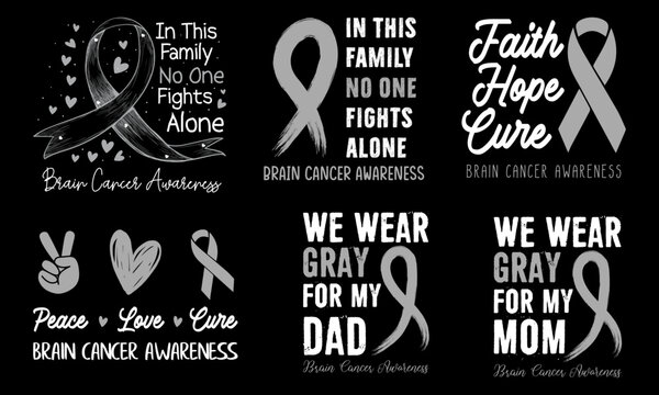 Brain Cancer Awareness Lettering T-shirt Design With Gray Ribbon Best for Print Design Like T-shirt, Mug, Frame and Other