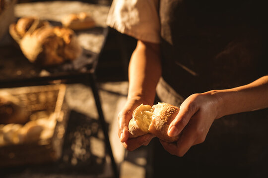 Mid section of asian mid adult female baker breaking bread while standing in bakery