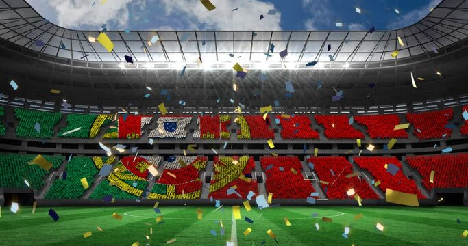 Animation of falling golden confetti over football stadium
