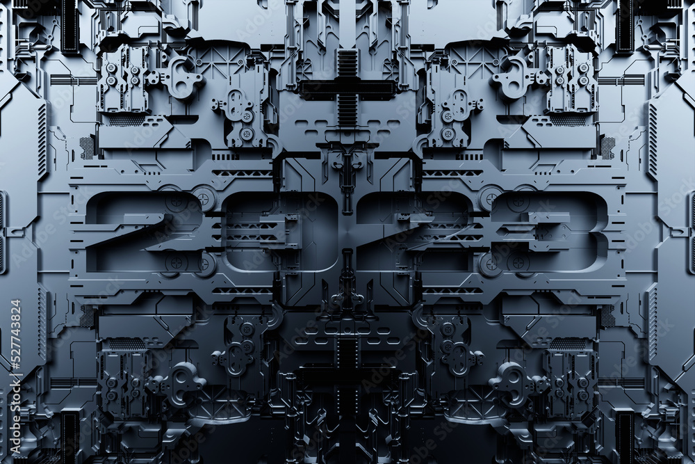 Poster 3d illustration futuristic tech postcard with the year 2023 on the background of a metallic, technol