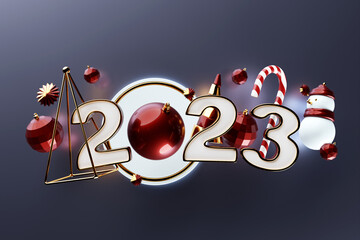 3d illustration of cartoon happy new year 2023 greeting card: new year banner with decor and  gifts,