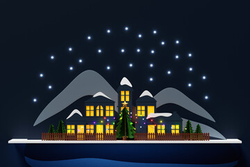 3D illustration Christmas illustration, card with night small village, city tree decorated with lights on the background of the mountain