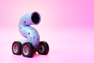  A cartoon  blue  pipe on wheels  that looks like a worm.  Close-up of a curved rusty pipes with peeling paint with a lens inside that looks like an eye on a  pink  background.3D illustration