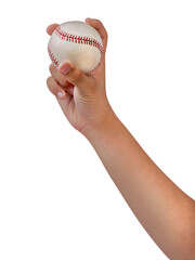 Hand throwing a baseball on white background, Baseball player throws the ball on white background...