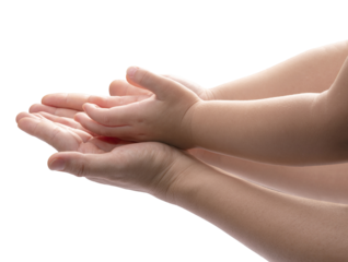 Mother and Child’s holding hands to receive something on white background, Mother and Kid hand on white background PNG file.