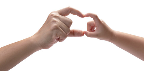 Mother and Child’s use Fingers intertwined to a heart form  on white background, Mother and Kid hand on  white background PNG file.