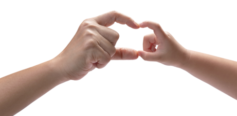 Mother and Child’s use Fingers intertwined to a heart form  on white background, Mother and Kid hand on  white background PNG file.