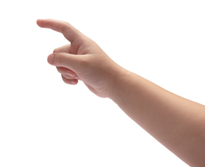 Child hand touching or pointing isolated on a white background, Kids hand on white background PNG file.
