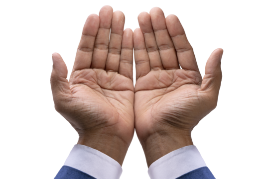 Businessman use cupped hands to receive something isolated on a white background, Businessman hand isolated on a white  PNG file