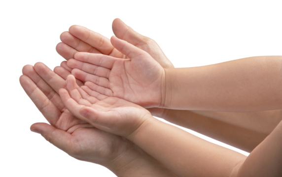 Mother and Child’s holding hands to receive something on white background, Mother and Kid hand on white background PNG file. - Powered by Adobe