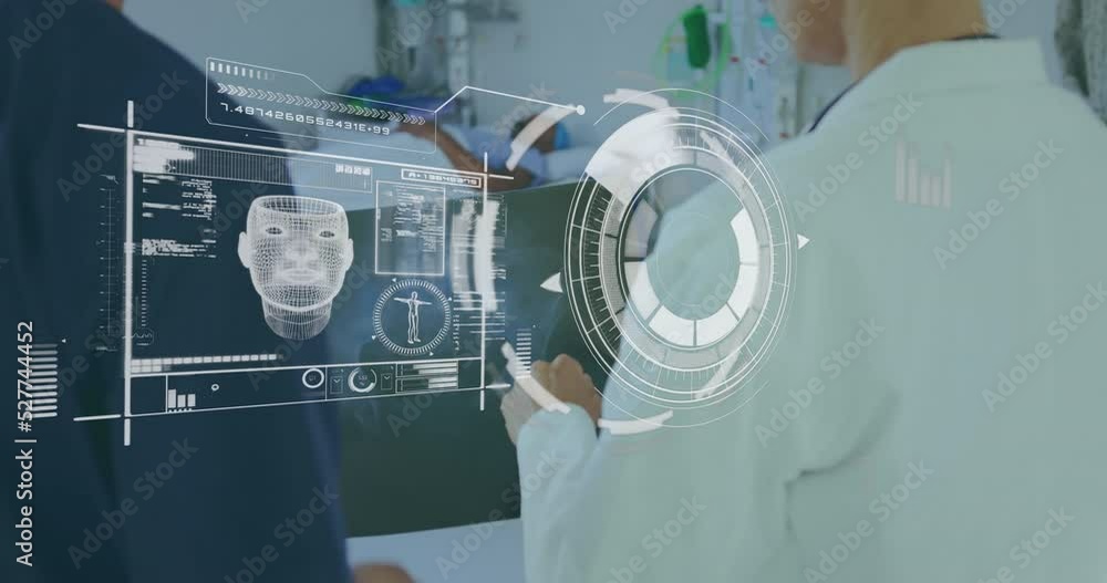 Poster animation of diverse doctors talking over data processing