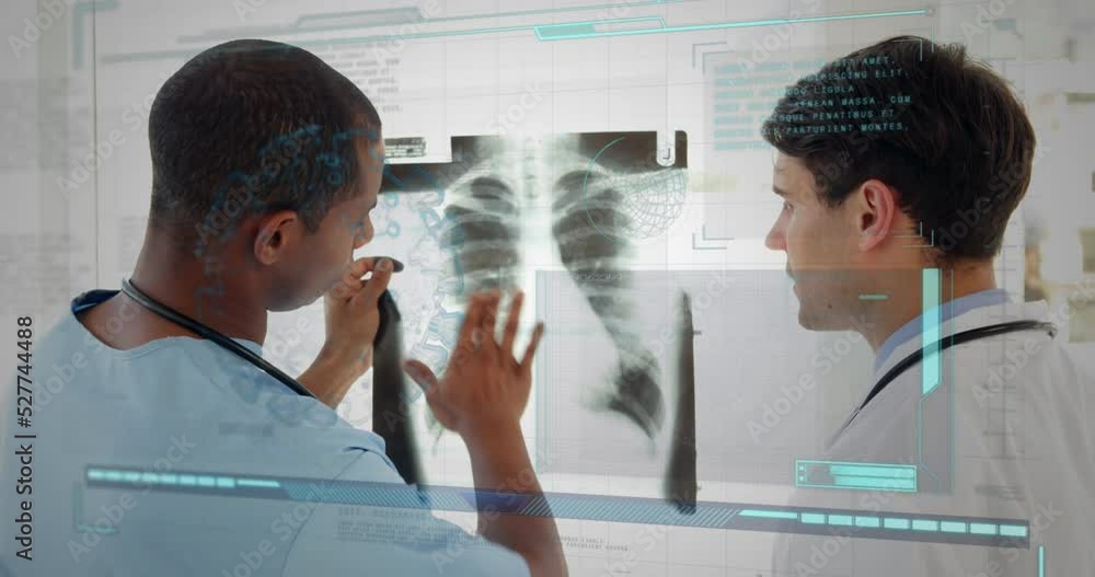 Poster animation of diverse doctors talking over data processing