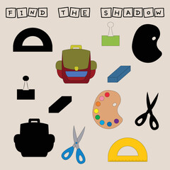 Find correct shadow with stationery school.  Kids educational game. 
