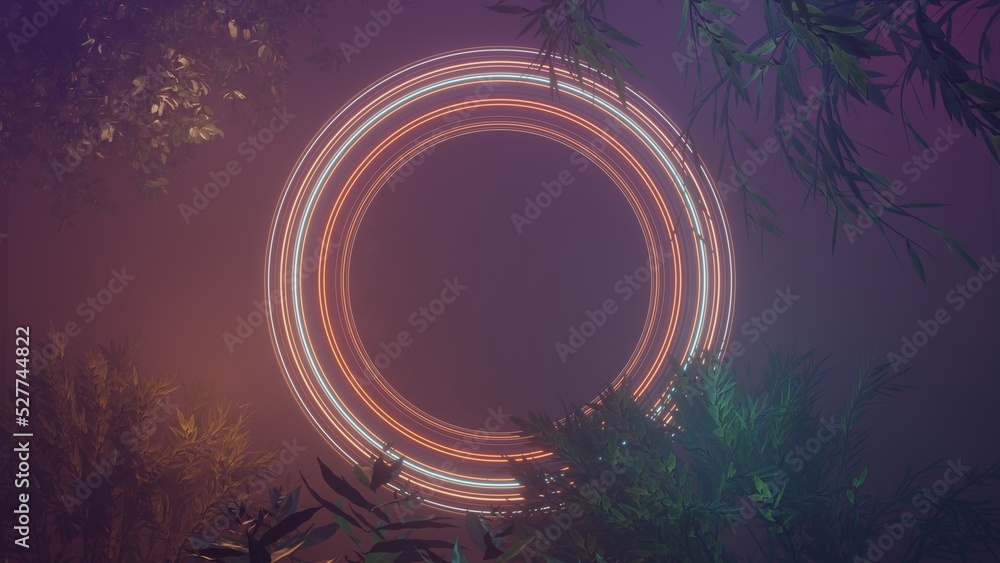Poster abstract colorful neon glowing light with leaves background. speed light illuminated. florescent on 