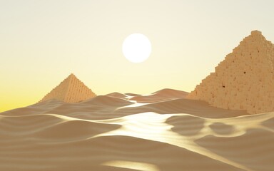 Fototapeta na wymiar Abstract Desert Dune cliff sand with Egyptian Pyramid and clean blue sky. Surreal minimal Desert natural landscape background. Scene of Sands with glossy metallic arches geometric design. 3D Render.