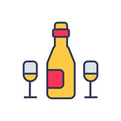 Flat filled outline modern vector icon for wine and glass