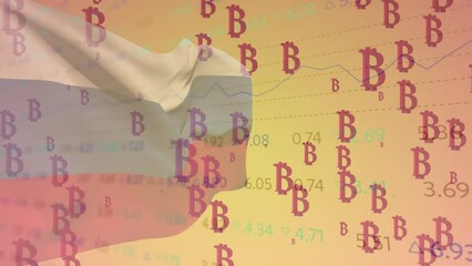 Animation of bitcoin symbols over data processing and flag of russia - Powered by Adobe