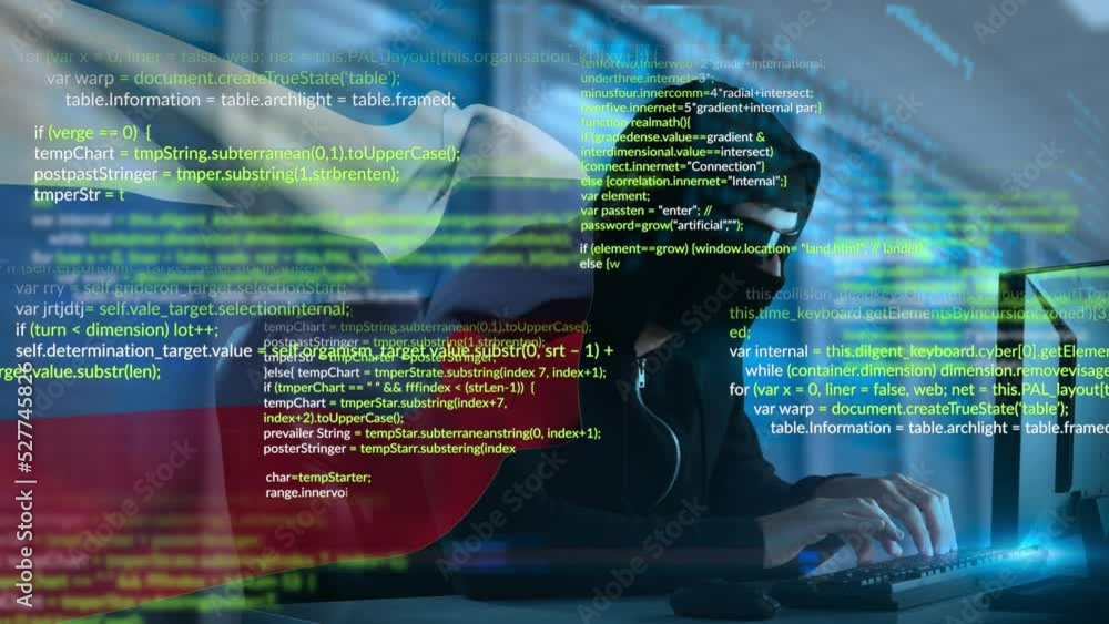 Aufkleber animation of caucasian male hacker using laptop over data processing and flag of russia