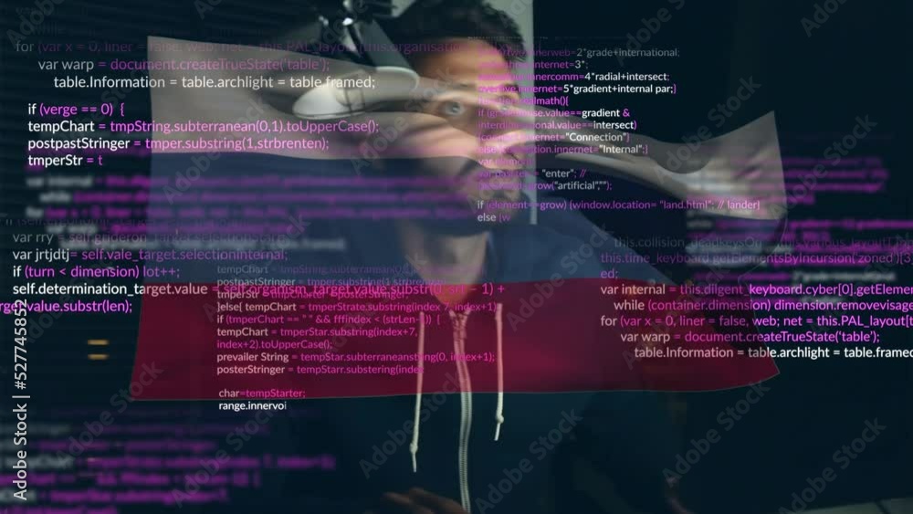 Aufkleber animation of caucasian male hacker over data processing and flag of russia