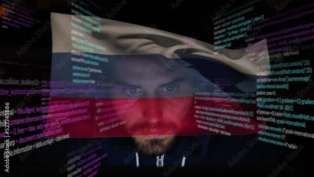 Poster animation of caucasian male hacker over data processing and flag of russia