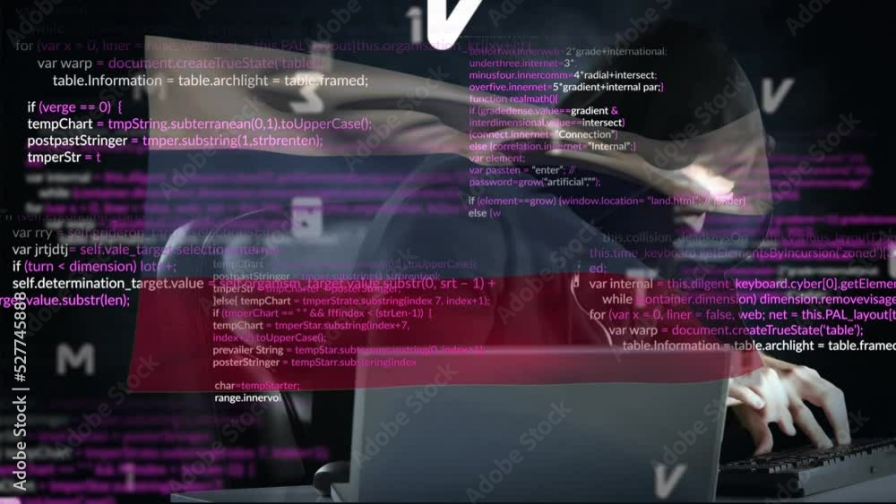 Poster animation of caucasian male hacker over data processing and flag of russia