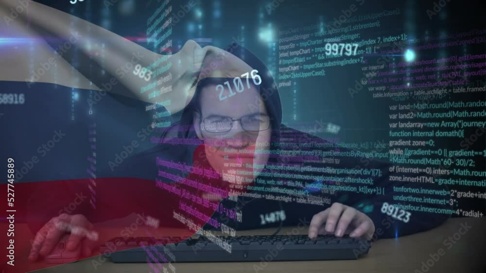 Poster animation of caucasian male hacker over data processing and flag of russia