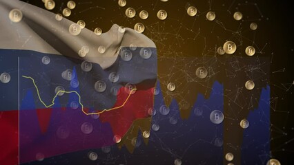 Animation of bitcoin symbols over data processing and flag of russia - Powered by Adobe
