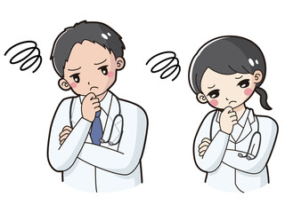 困っている白衣を着た男性と女性のイラスト（聴診器付き）