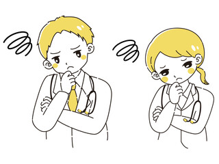 困っている白衣を着た男性と女性のイラスト（聴診器付き）