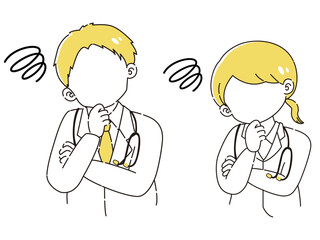 困っている白衣を着た男性と女性のイラスト（聴診器付き）