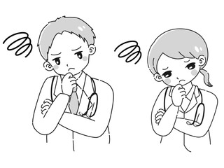 困っている白衣を着た男性と女性のイラスト（聴診器付き）