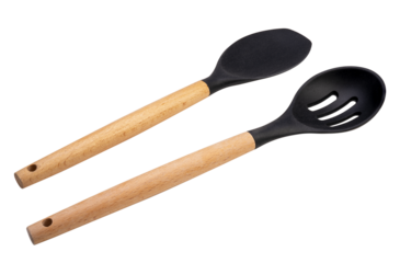 kitchenware black kitchen ladle , Soup ladles, Black silicone plastic spade of frying pan or pot on white background PNG file.