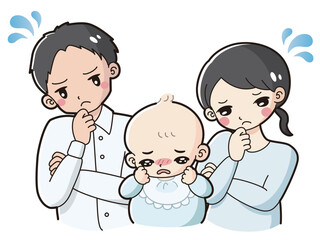 赤ちゃんのいる家族が困っているイラスト