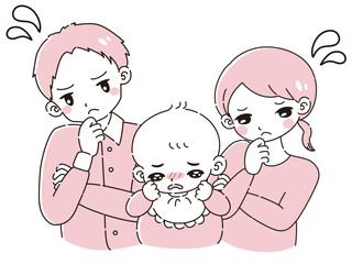 赤ちゃんのいる家族が困っているイラスト