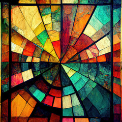 Abstract mosaic window illustration of a stained glass artwork colorful with different textures and green, teal, blue, orange, red, pink colors wallpaper and background geometric square