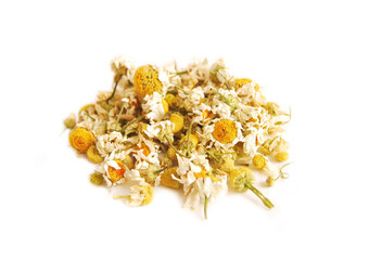 A handful of dried chamomile flowers isolated on white background