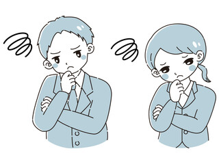 腕を組んで悩むスーツを着た男性と女性のイラストセット