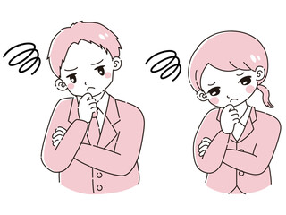 腕を組んで悩むスーツを着た男性と女性のイラストセット