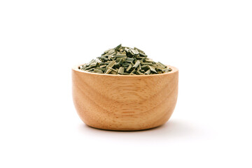 Dry lemon grass leaf slice in wooden bowl isolated on white background.